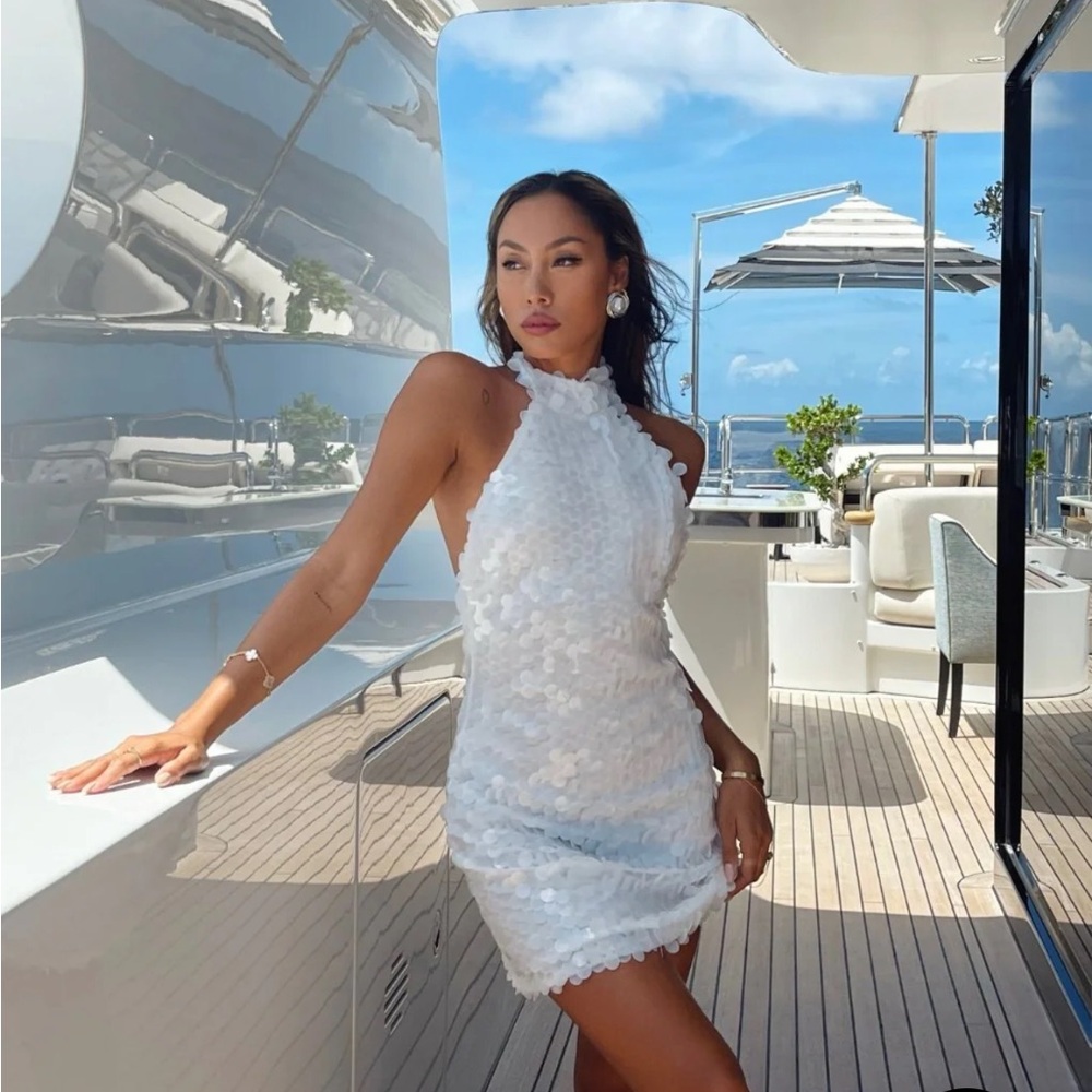 White Sequin Halter Mini Dress